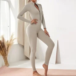 Women's Onesie Workout Sets Winter Front Zip Solid Color Bodysuit Black Pink Spandex Yoga Fitness Gym Workout Tummy Control Butt Lift Breathable Sport Activewear Stretchy