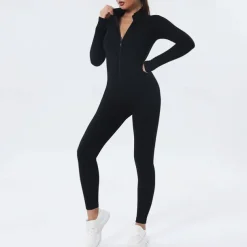 Women's Onesie Workout Sets Winter Front Zip Solid Color Bodysuit Black Pink Spandex Yoga Fitness Gym Workout Tummy Control Butt Lift Breathable Sport Activewear Stretchy