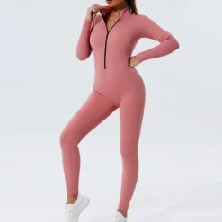 Women's Onesie Workout Sets Winter Front Zip Solid Color Bodysuit Black Pink Spandex Yoga Fitness Gym Workout Tummy Control Butt Lift Breathable Sport Activewear Stretchy
