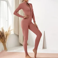 Women's Onesie Workout Sets Winter Front Zip Solid Color Bodysuit Black Pink Spandex Yoga Fitness Gym Workout Tummy Control Butt Lift Breathable Sport Activewear Stretchy