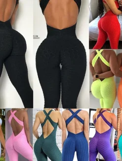 Women's Onesie Workout Sets Scrunch Butt Open Back Bodysuit Romper Clothing Suit Black White Spandex Yoga Fitness Gym Workout Tummy Control Butt Lift Quick Dry Sleeveless Sport Activewear High
