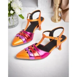 Women's Orange and Fuchsia Metallic T-Strap Heels – Colorblock Pointed Toe Retro Kitten Pumps for Dance Party, Nightclub, and 1950s Vintage Events