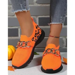 Women's Orange Flyknit Slip-On Sneakers with Leopard Print & Chain Detail – Trendy Chunky Sole Shoes for Halloween, Festivals & Streetwear