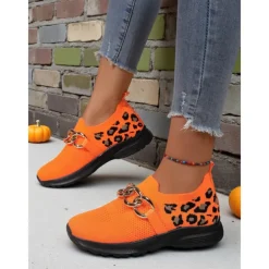 Women's Orange Flyknit Slip-On Sneakers with Leopard Print & Chain Detail – Trendy Chunky Sole Shoes for Halloween, Festivals & Streetwear