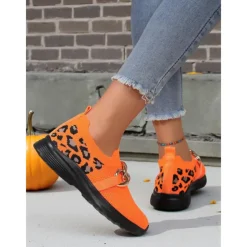 Women's Orange Flyknit Slip-On Sneakers with Leopard Print & Chain Detail – Trendy Chunky Sole Shoes for Halloween, Festivals & Streetwear