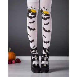 Women's Orange Over-the-Knee Socks with Black Bat and Haunted House Print, Fun Halloween Party Hosiery