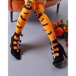 Women's Orange Over-the-Knee Socks with Black Bat and Haunted House Print, Fun Halloween Party Hosiery