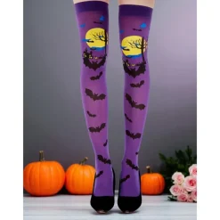 Women's Orange Over-the-Knee Socks with Black Bat and Haunted House Print, Fun Halloween Party Hosiery