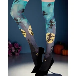Women's Orange Over-the-Knee Socks with Black Bat and Haunted House Print, Fun Halloween Party Hosiery