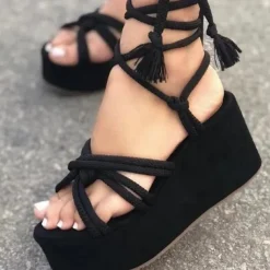 Women's Orange Rope Lace-Up Platform Sandals – Boho Wedge Heels for Summer Beach & Festival Wear