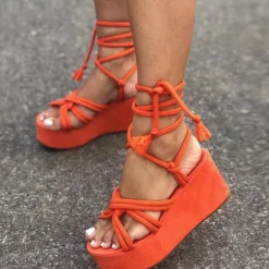 Women's Orange Rope Lace-Up Platform Sandals – Boho Wedge Heels for Summer Beach & Festival Wear