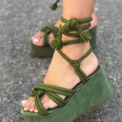 Women's Orange Rope Lace-Up Platform Sandals – Boho Wedge Heels for Summer Beach & Festival Wear