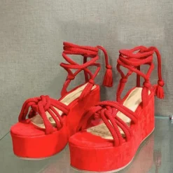 Women's Orange Rope Lace-Up Platform Sandals – Boho Wedge Heels for Summer Beach & Festival Wear