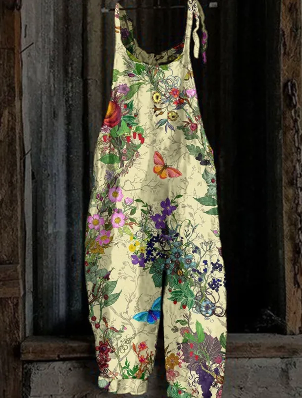 Women's Overall Utility Print Floral Crew Neck Trug Life Streetwear Daily Vacation Loose Fit Sleeveless White Pink Red S M L Summer Fall