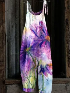 Women's Overall Utility Print Floral Crew Neck Trug Life Streetwear Daily Vacation Loose Fit Sleeveless White Pink Red S M L Summer Fall