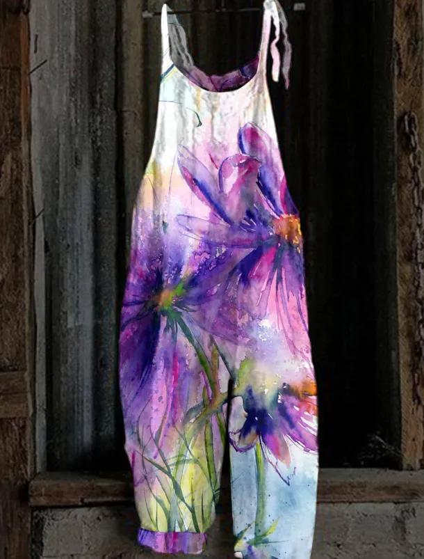 Women's Overall Utility Print Floral Crew Neck Trug Life Streetwear Daily Vacation Loose Fit Sleeveless White Pink Red S M L Summer Fall