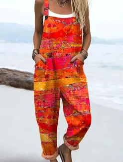 Women's Overalls Vintage Casual Lightweight Full Length High Waist Floral Graphic Drawstring Inelastic Vacation Street Casual Dark navy Sky Blue Orange Green Summer Spring Fall Loose Fit