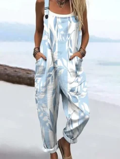 Women's Overalls Vintage Casual Lightweight Full Length High Waist Floral Graphic Drawstring Inelastic Vacation Street Casual Dark navy Sky Blue Orange Green Summer Spring Fall Loose Fit