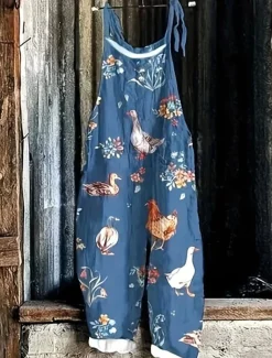 Women's Overalls Vacation Vintage Ethnic Style Full Length High Waist Animal Drawstring Inelastic Formal Vacation Street Robin's Egg Blue Sage Khaki Summer Spring Fall Loose Fit