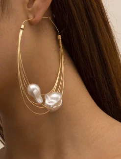 Women's Oversized Gold Wire Hoop Earrings with Irregular Pearl Drops - Artistic Statement Jewelry for Fashion Parties and Trendy Events