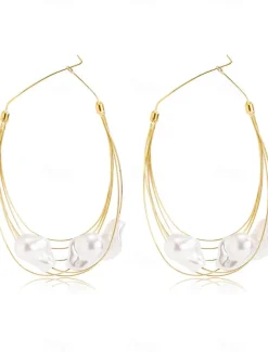 Women's Oversized Gold Wire Hoop Earrings with Irregular Pearl Drops - Artistic Statement Jewelry for Fashion Parties and Trendy Events