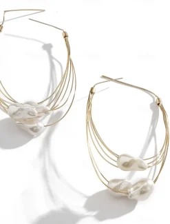 Women's Oversized Gold Wire Hoop Earrings with Irregular Pearl Drops - Artistic Statement Jewelry for Fashion Parties and Trendy Events