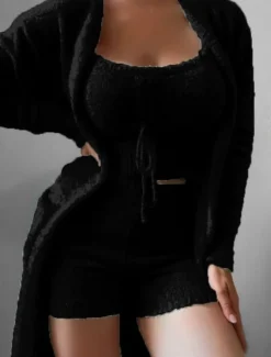 Women's Pajama Set 3 Pieces Casual Comfort Pure Color Elastic Waist Fuzzy T Shirt Shorts Home Daily Long Sleeve Crew Neck Black White Pink Blue Green Fall Winter Regular Fit