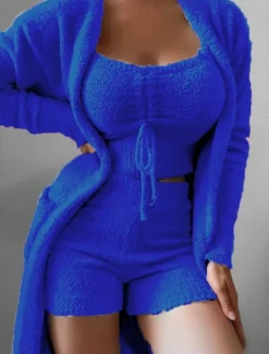 Women's Pajama Set 3 Pieces Casual Comfort Pure Color Elastic Waist Fuzzy T Shirt Shorts Home Daily Long Sleeve Crew Neck Black White Pink Blue Green Fall Winter Regular Fit