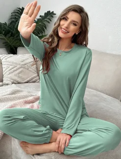 Women's Pajama Set 2 Pieces Pure Color Casual Comfort Comfrt Home Spandex Comfort Breathable Crew Neck Long Sleeve T shirt Tee Pant Spring Fall Home Outfits