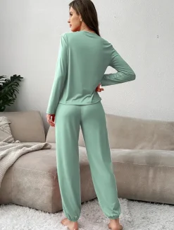 Women's Pajama Set 2 Pieces Pure Color Casual Comfort Comfrt Home Spandex Comfort Breathable Crew Neck Long Sleeve T shirt Tee Pant Spring Fall Home Outfits