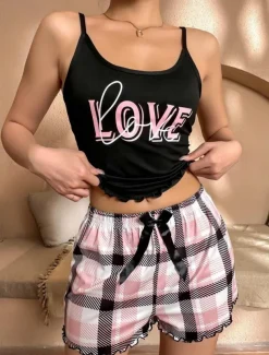Women's Pajama Set Casual Comfort Heart Grid / Plaid Letter Elastic Waist Strap Top Shorts Home Daily Sleeveless Straps Black White Gold Brown Summer Regular Fit