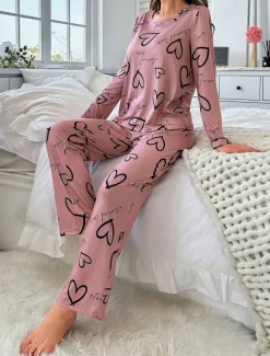 Women's Pajama Set Casual Comfort Comfrt Heart T Shirt Pant Home Long Sleeve Crew Neck Pink Spring Fall Winter