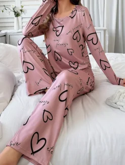 Women's Pajama Set Casual Comfort Comfrt Heart T Shirt Pant Home Long Sleeve Crew Neck Pink Spring Fall Winter