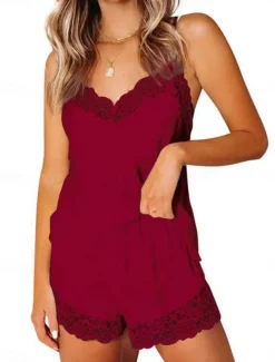 Women's Pajama Set Casual Comfort Pure Color Lace Elastic Waist Strap Top Shorts Home Daily Sleeveless Straps Black White Pink Wine Summer Spring Regular Fit