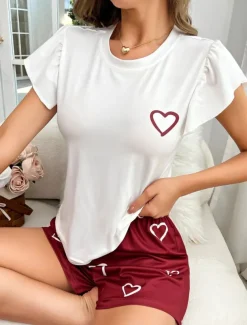 Women's Pajama Set Casual Comfort Heart Elastic Waist T Shirt Shorts Home Valentine's Day Daily Short Sleeve Crew Neck Red Summer Spring Regular Fit