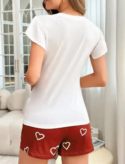 Women's Pajama Set Casual Comfort Heart Elastic Waist T Shirt Shorts Home Valentine's Day Daily Short Sleeve Crew Neck Red Summer Spring Regular Fit