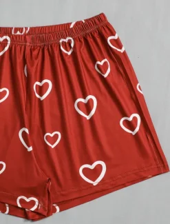 Women's Pajama Set Casual Comfort Heart Elastic Waist T Shirt Shorts Home Valentine's Day Daily Short Sleeve Crew Neck Red Summer Spring Regular Fit