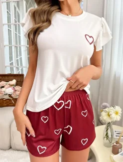 Women's Pajama Set Casual Comfort Heart Elastic Waist T Shirt Shorts Home Valentine's Day Daily Short Sleeve Crew Neck Red Summer Spring Regular Fit