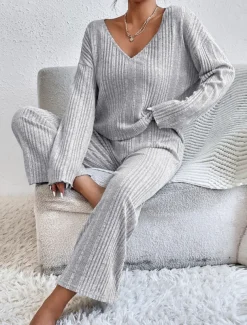 Women's Pajama Set Casual Comfort Pure Color Elastic Waist T Shirt Pant Home Daily Long Sleeve V Neck Black Light Grey Beige Spring Fall Winter Regular Fit