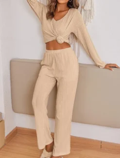 Women's Pajama Set Casual Comfort Pure Color Elastic Waist T Shirt Pant Home Daily Long Sleeve V Neck Black Light Grey Beige Spring Fall Winter Regular Fit