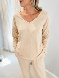 Women's Pajama Set Casual Comfort Pure Color Elastic Waist T Shirt Pant Home Daily Long Sleeve V Neck Black Light Grey Beige Spring Fall Winter Regular Fit