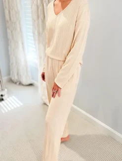Women's Pajama Set Casual Comfort Pure Color Elastic Waist T Shirt Pant Home Daily Long Sleeve V Neck Black Light Grey Beige Spring Fall Winter Regular Fit