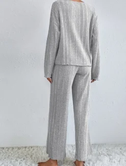 Women's Pajama Set Casual Comfort Pure Color Elastic Waist T Shirt Pant Home Daily Long Sleeve V Neck Black Light Grey Beige Spring Fall Winter Regular Fit