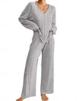 Women's Pajama Set Casual Comfort Pure Color Elastic Waist T Shirt Pant Home Daily Long Sleeve V Neck Black Light Grey Beige Spring Fall Winter Regular Fit