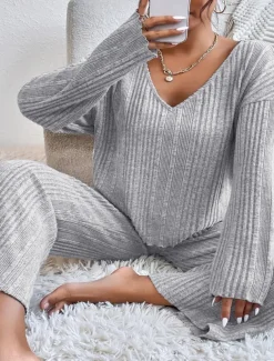 Women's Pajama Set Casual Comfort Pure Color Elastic Waist T Shirt Pant Home Daily Long Sleeve V Neck Black Light Grey Beige Spring Fall Winter Regular Fit