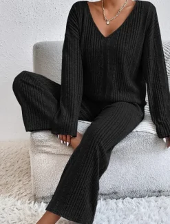 Women's Pajama Set Casual Comfort Pure Color Elastic Waist T Shirt Pant Home Daily Long Sleeve V Neck Black Light Grey Beige Spring Fall Winter Regular Fit