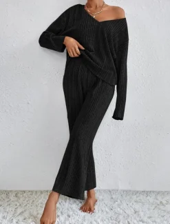 Women's Pajama Set Casual Comfort Pure Color Elastic Waist T Shirt Pant Home Daily Long Sleeve V Neck Black Light Grey Beige Spring Fall Winter Regular Fit