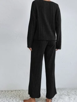 Women's Pajama Set Casual Comfort Pure Color Elastic Waist T Shirt Pant Home Daily Long Sleeve V Neck Black Light Grey Beige Spring Fall Winter Regular Fit