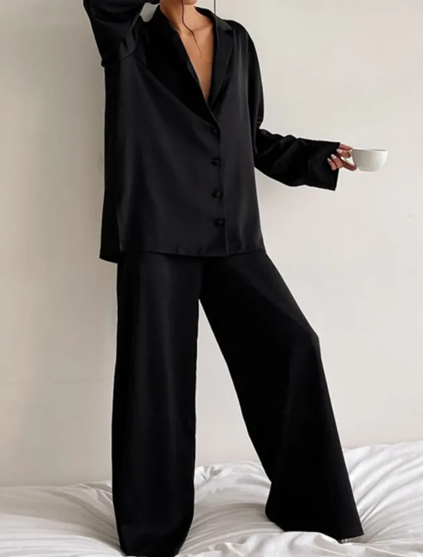 Women's Pajama Set Casual Comfort Pure Color Button Up Elastic Waist Shirt Pant Home Daily Long Sleeve Shirt Collar Black Green Summer Spring Fall Regular Fit