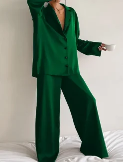 Women's Pajama Set Casual Comfort Pure Color Button Up Elastic Waist Shirt Pant Home Daily Long Sleeve Shirt Collar Black Green Summer Spring Fall Regular Fit